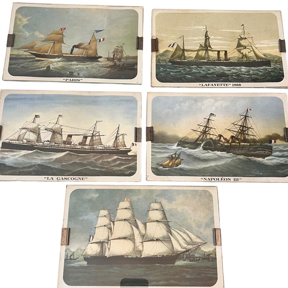 Vintage French Steamship Nautical Prints Set 5 Paris Lafayette Napoleon III Art